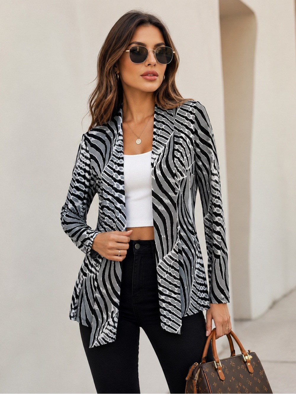 Milano Black Grey Animal Print Open Front Stretch Cardigan M
